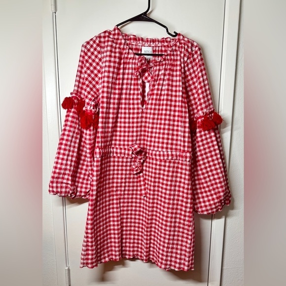 NWT Misa Los Angeles Lissbeth Red White Gingham Plaid Mini Boho Fringe Dress M - Picture 3 of 16